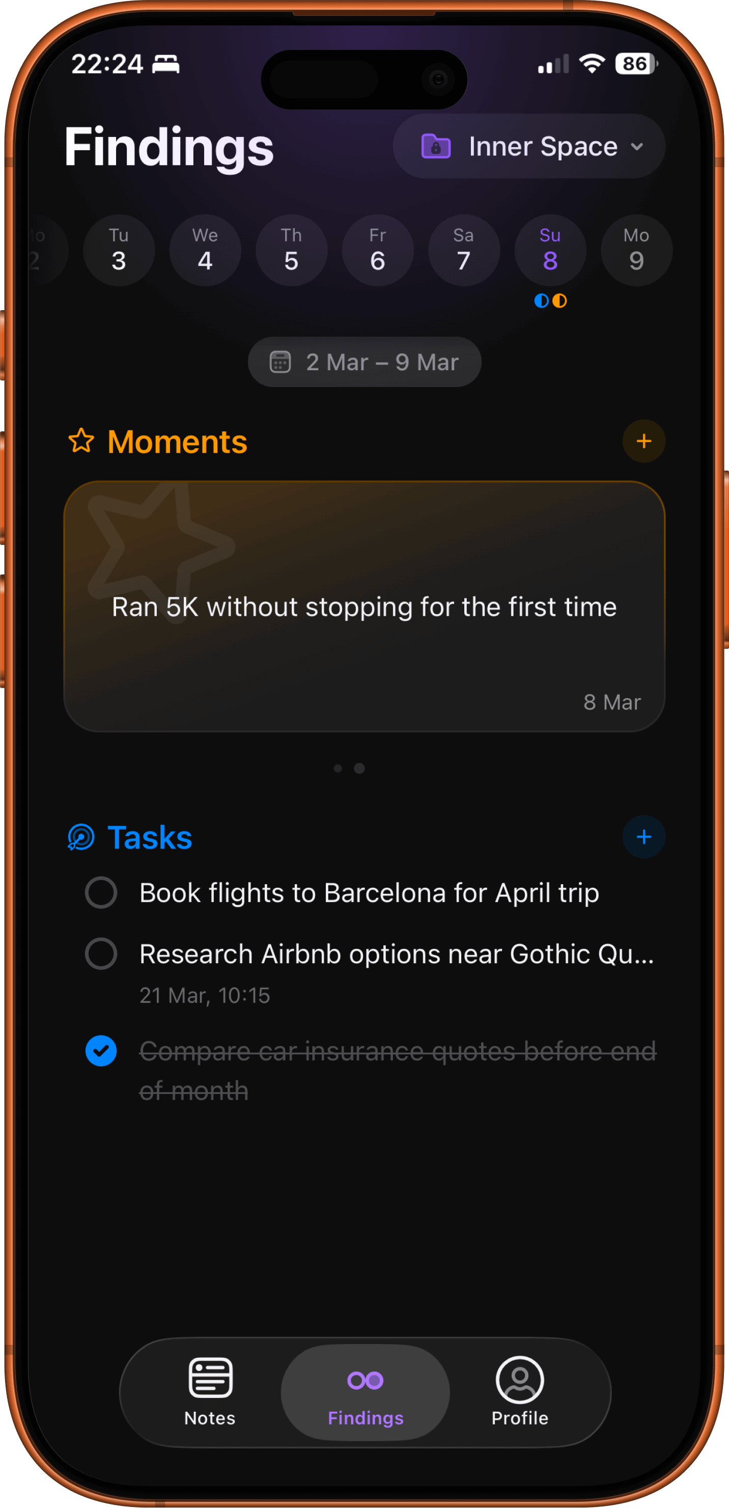 Findings dashboard with moments and tasks
